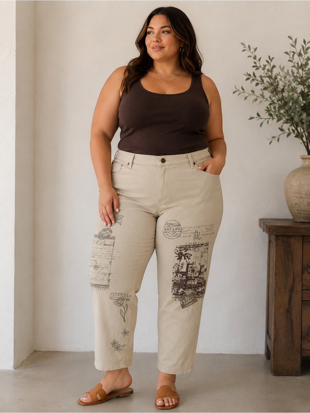 New NWT Vintage Ralph Lauren Printed Pants Beige Floral Jeans Plus Size  20w